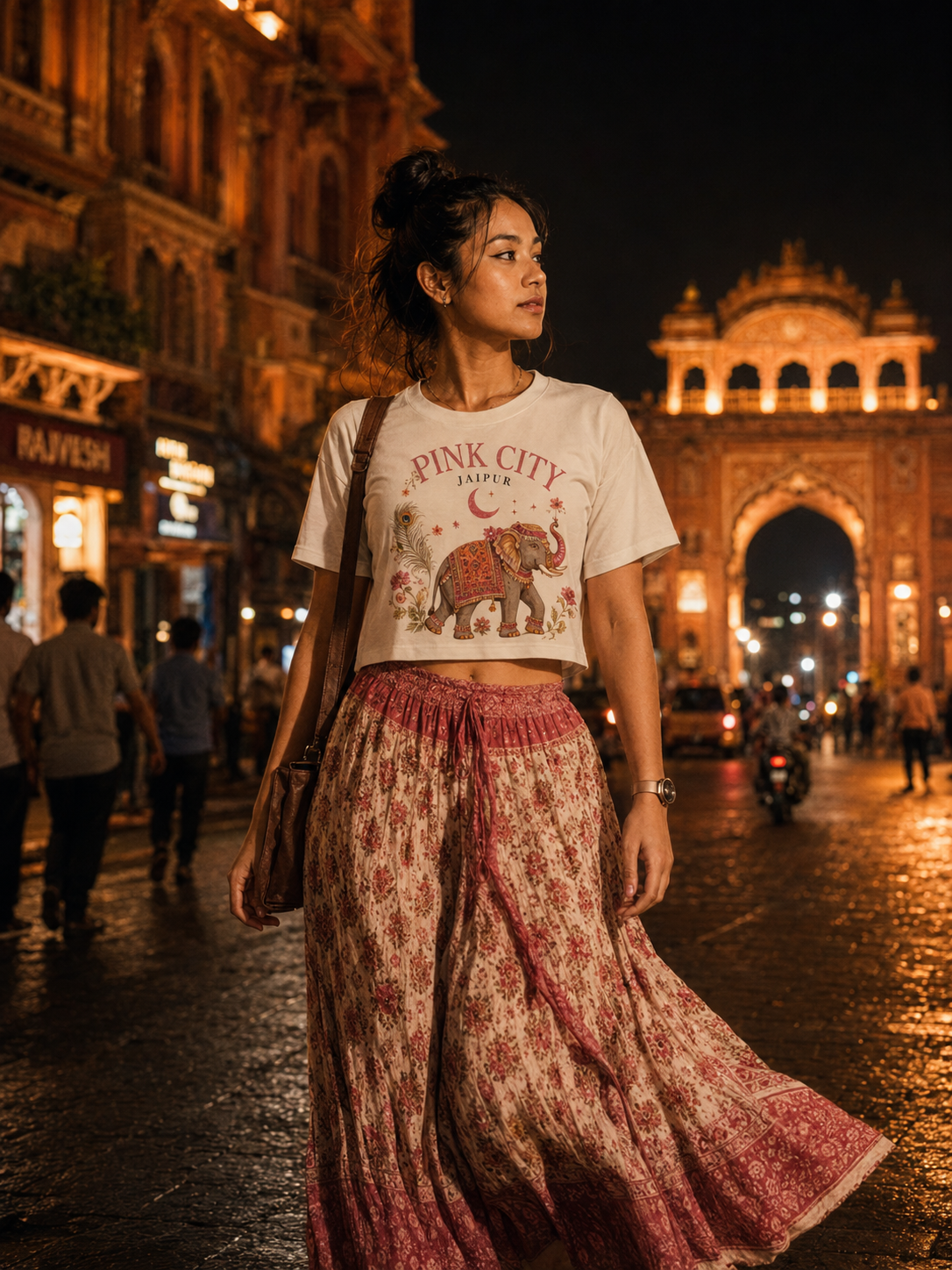Pink City Jaipur Elephant Crop T-Shirt